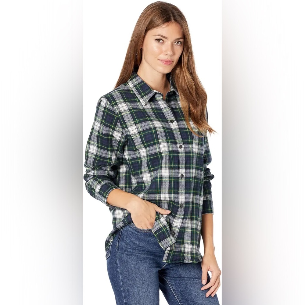 LL Bean Shirt Womens Large Blue Green Scotch Plaid Flannel Button Front Pocket